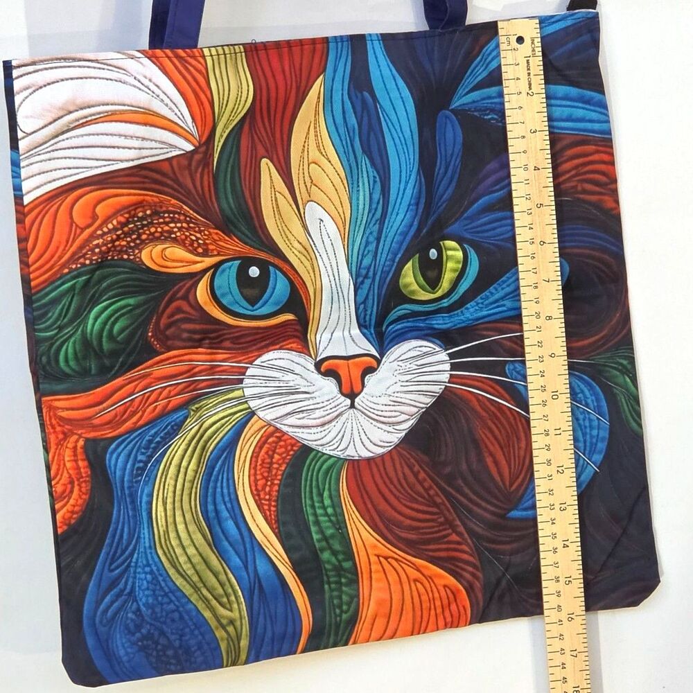 Psychedelic Stained Glass Cat Art Quilted Canvas Tote Bag Shoulder Purse - Picture 3 of 3